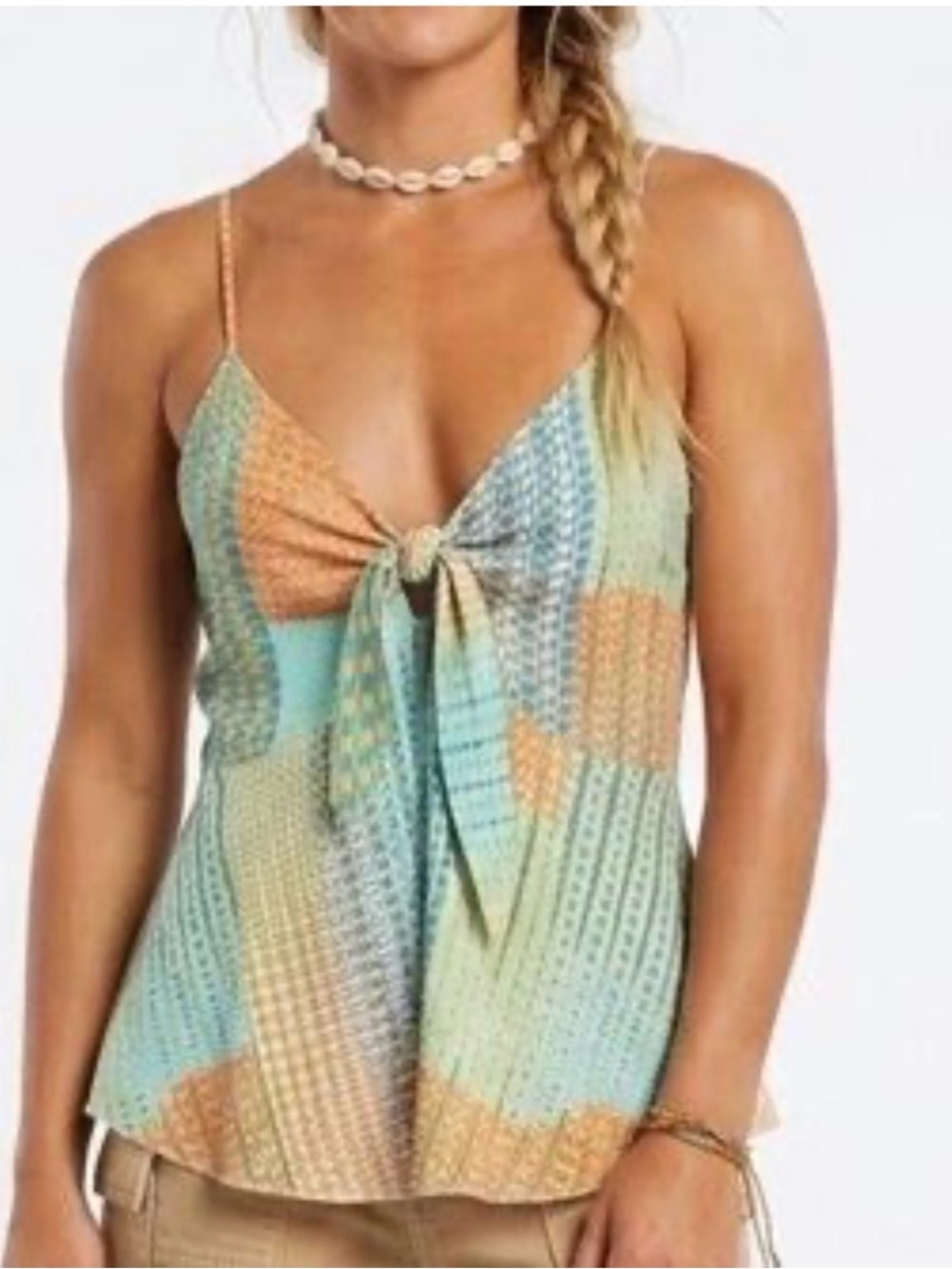 O'Neill Aqua and Tan Patchwork Tie-Front Cami